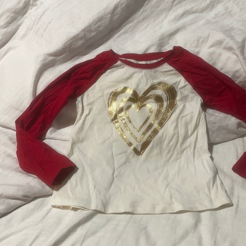 Lands end 4 gold heart top red sleeves white body worn once euc